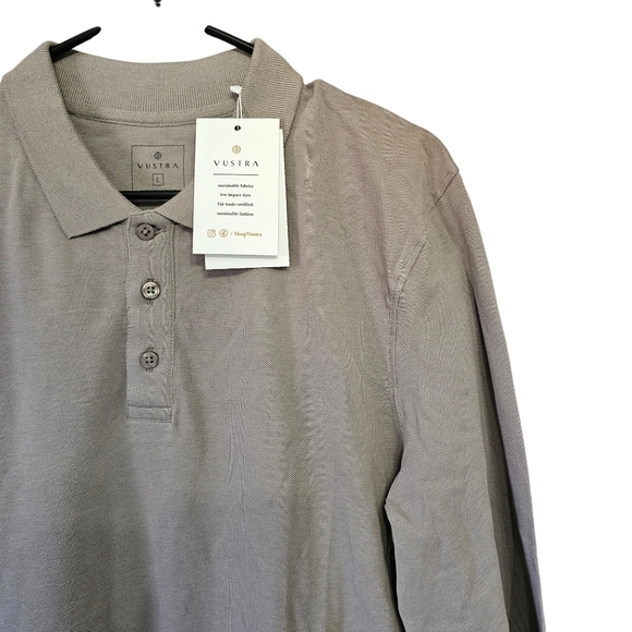Men's Vustra Driftwood Polo Size L Long Sleeve Casual NWT 100% Organic Cotton - Picture 4 of 8